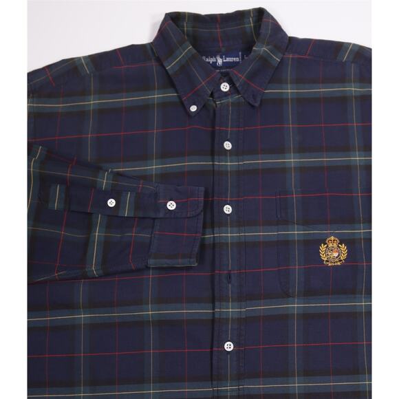 Polo Ralph Lauren Mens Vintage Blue Green Plaid Crest Logo Popover Shirt Large - Picture 3 of 6